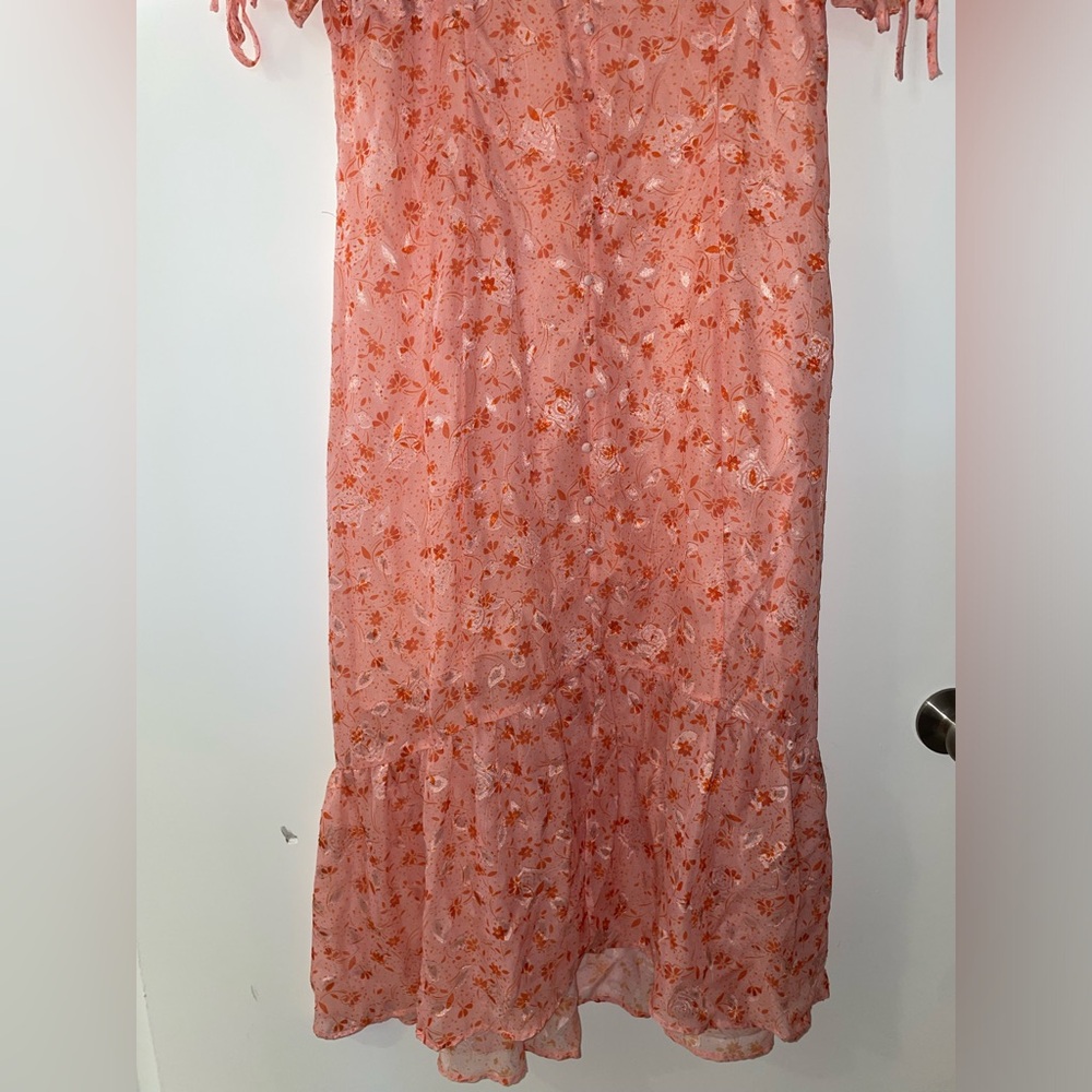 Chelsea 28 Prairie Coral Floral Tie Sleeve Ruffle Hem Midi Dress Size L(12/14)⭐️ - Picture 9 of 15